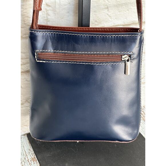 Vera Pelle Italian Leather Handbag Crossbody Blue With Brown Silvertone - Picture 11 of 16